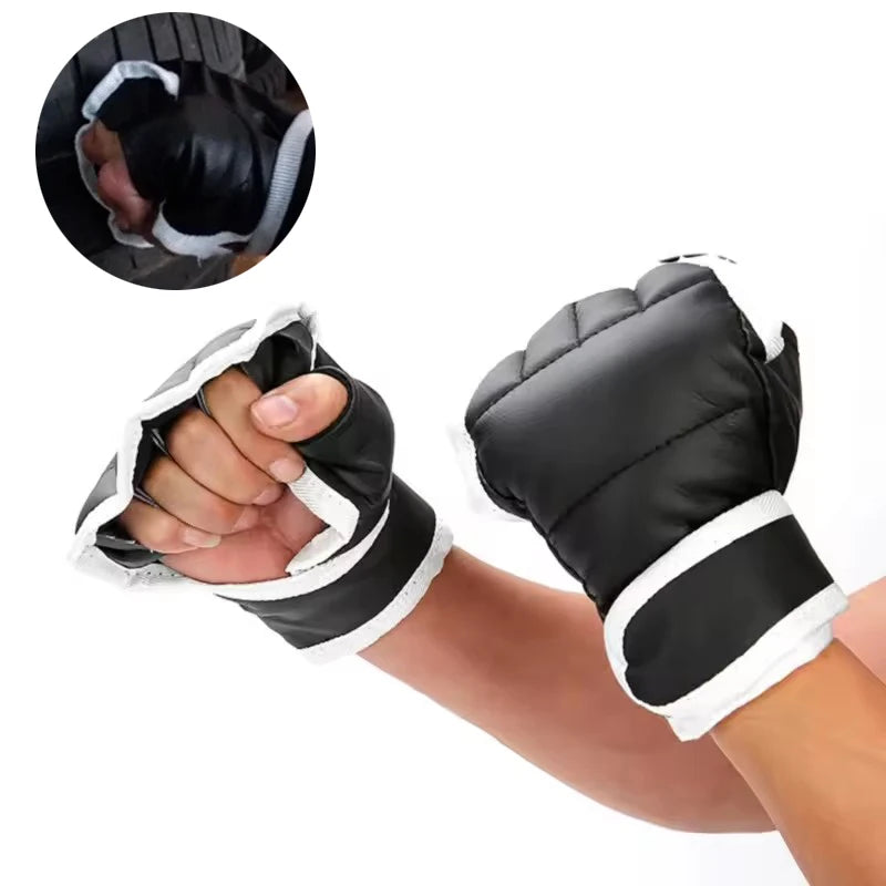 1 paire de gants de boxe noirs demi-doigt en cuir PU karaté Muay Thai gants d'entraînement et d'exercice gants de boxe pour enfants