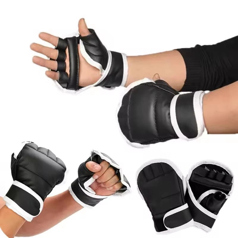 1 paire de gants de boxe noirs demi-doigt en cuir PU karaté Muay Thai gants d'entraînement et d'exercice gants de boxe pour enfants
