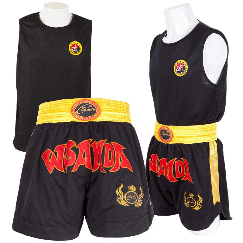 Ensemble de Shorts de boxe pour hommes, femmes et enfants, Muay Thai short t-shirt gilet Sanda BJJ Arts martiaux combat Kickboxing